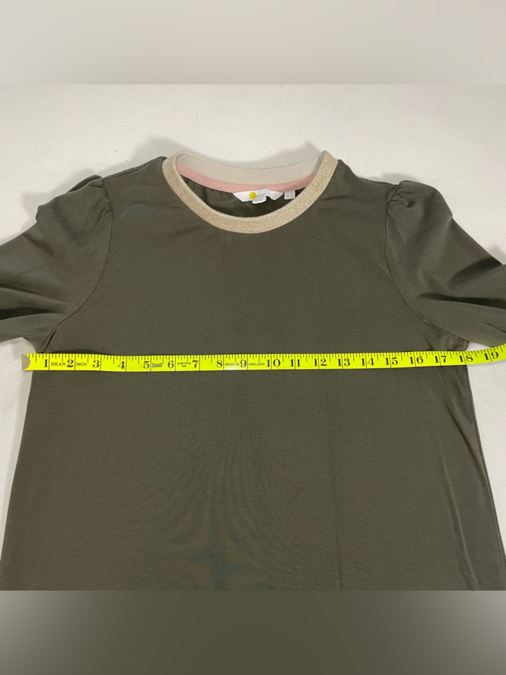 Boden Olive Green Dress US 6 Long Sleeve Gold Trim A-Line Mini - Picture 7 of 11